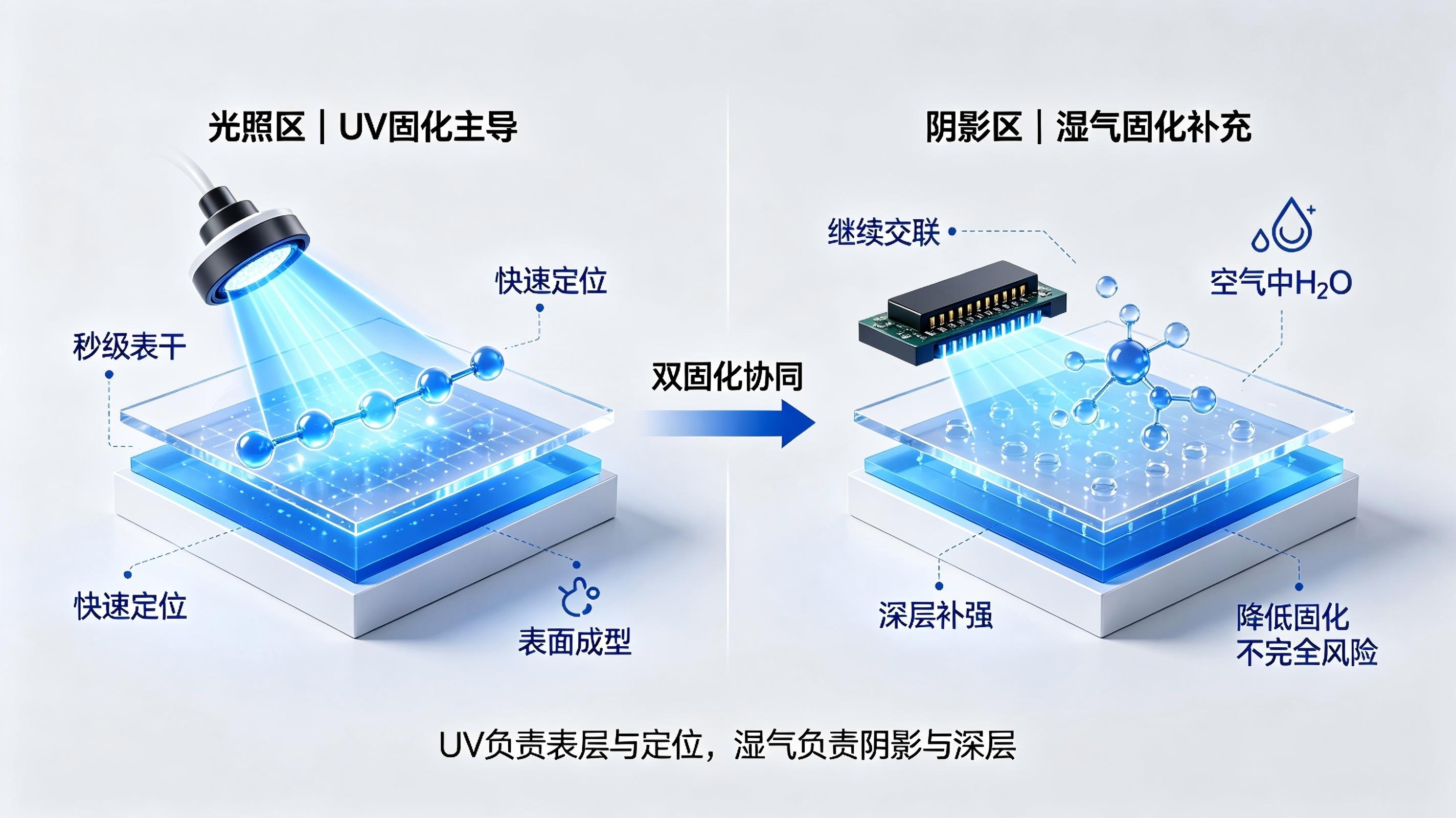 泰亚UV+湿气双固化胶固化机制示意图,光照区UV固化,阴影区湿气固化补充 泰亚UV+湿气双固化胶固化机制示意图,光照区UV固化,阴影区湿气固化补充